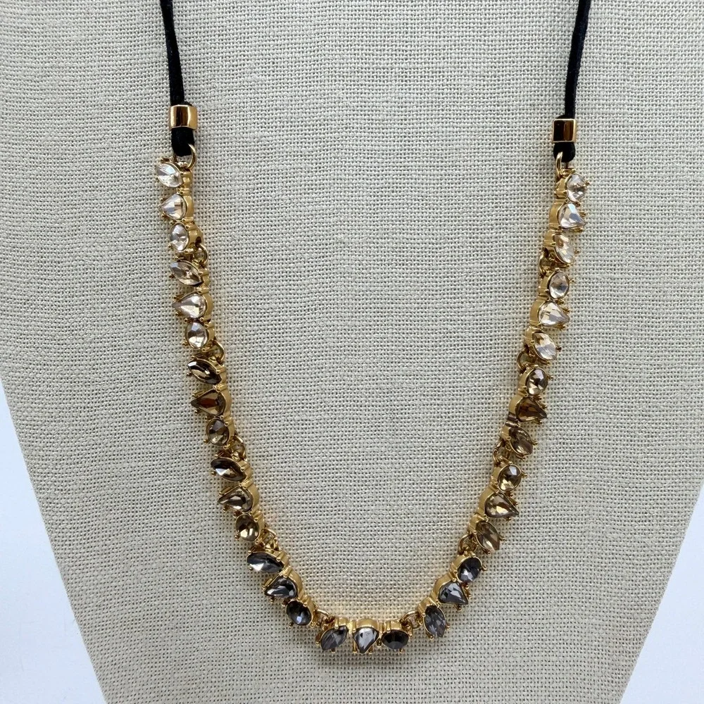 Gold Tone Smoky Gray Champagne Faceted Crystal Teardrop Cord Statement Necklace